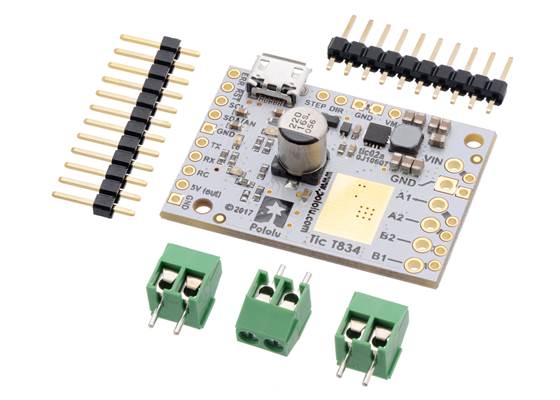 Tic T834 USB Multi-Interface Stepper Motor Controller (without connectors soldered) with included headers and terminal blocks.