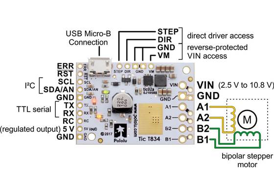 Basic pinout diagram of the Tic T834 USB Multi-Interface Stepper Motor Controller.