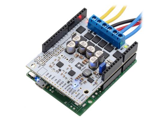 Pololu Dual G2 High-Power Motor Driver Shield being controlled by an A-Star 32U4 Prime.
