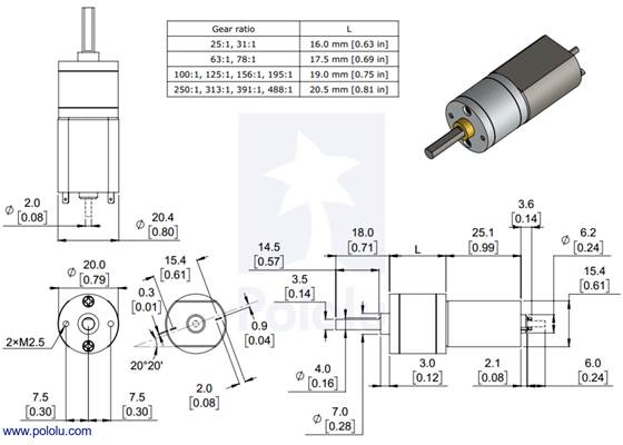 Dimensions of the Pololu 20D&nbsp;mm metal gearmotors.  Units are mm over [inches].  This diagram only applies to the listed gear ratios.