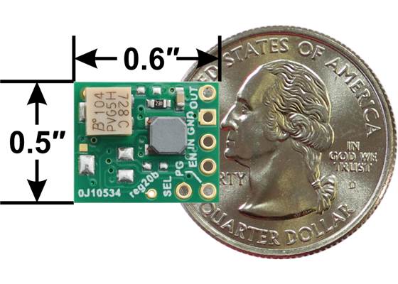 2.5-9V Fine-Adjust Step-Up/Step-Down Voltage Regulator w/ Adjustable Low-Voltage Cutoff S9V11MA next to US quarter dollar for size reference.
