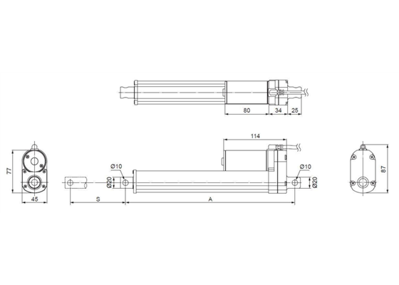 Dimensions of Glideforce MD linear actuators without feedback.  Units are mm.