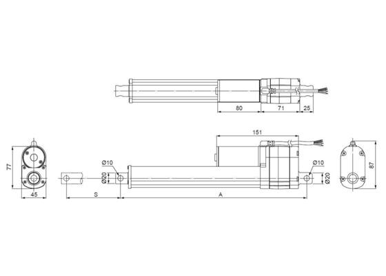 Dimensions of Glideforce MD linear actuators with feedback.  Units are mm.