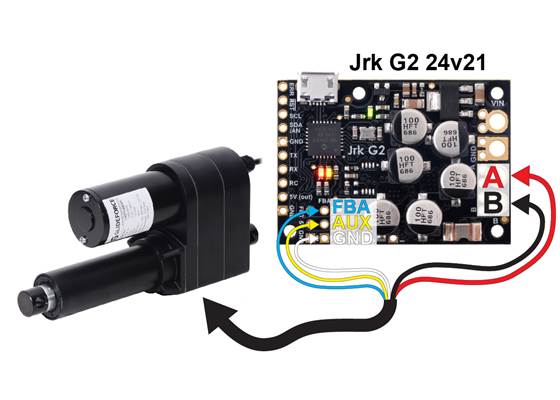 Connecting an industrial-duty linear actuator with feedback to a Jrk 24v13 motor controller.