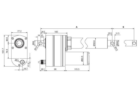 Dimensions of Glideforce ID linear actuators with limit switches (LACTx-500AL, LACTx-500APL, LACTx-1000BL, and LACTx-1000BPL).  Units are mm.