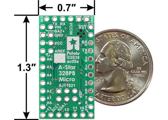 A-Star 328PB Micro, bottom view with dimensions.