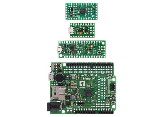 From top to bottom: A-Star 328PB Micro, 32U4 Micro, 32U4 Mini&nbsp;SV, and 32U4 Prime&nbsp;SV.