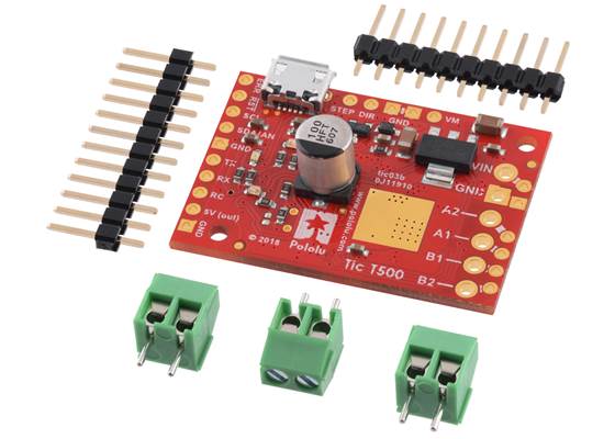 Tic T500 USB Multi-Interface Stepper Motor Controller (without connectors soldered) with included headers and terminal blocks.