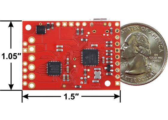 Tic T500 USB Multi-Interface Stepper Motor Controller, bottom view with dimensions.