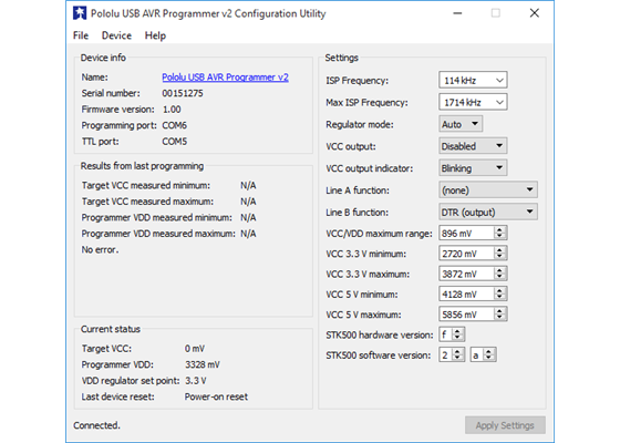 The Pololu USB AVR Programmer v2 Configuration Utility in Windows 10.