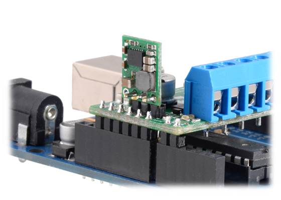 Using a voltage regulator with the Dual MAX14870 Motor Driver Shield to power the Arduino.