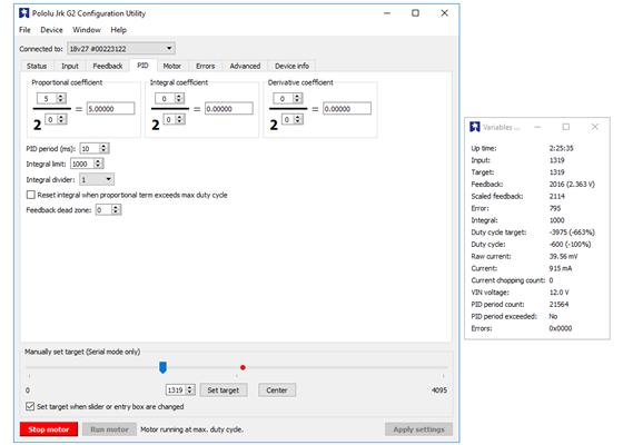 The main window and the variables window in the Jrk G2 Configuration Utility (version 1.2.0).