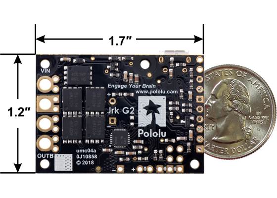 Jrk G2 18v27 USB Motor Controller with Feedback, bottom view with dimensions.