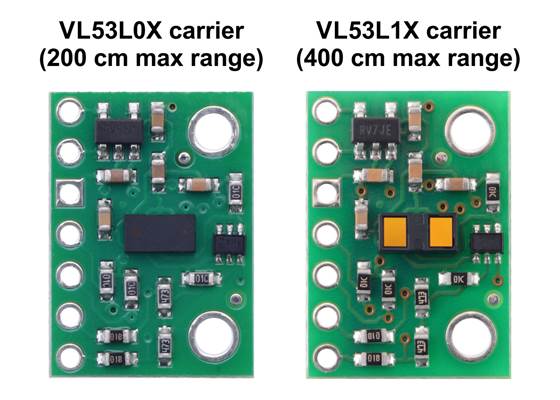 Side-by-side comparison of the VL53L0X and VL53L1X Time-of-Flight Distance Sensor Carriers.