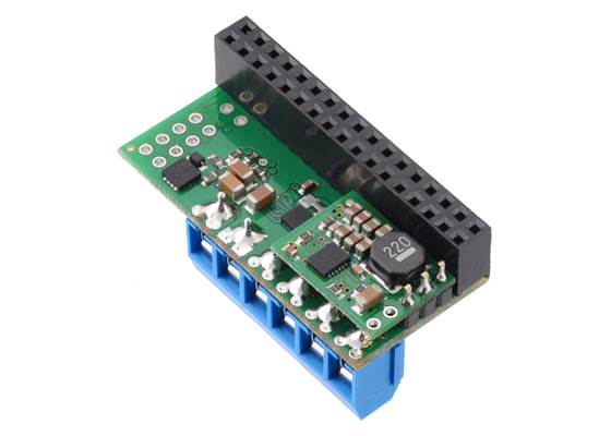 D24V10F5 5V 1A step-down voltage regulator soldered directly to Dual MAX14870 Motor Driver for Raspberry Pi (compact, permanent connection).
