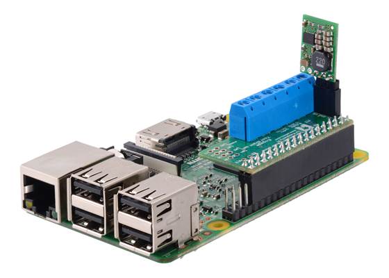 D24V10F5 5V 1A step-down voltage regulator plugged into a Dual MAX14870 Motor Driver for Raspberry Pi (temporary connection).