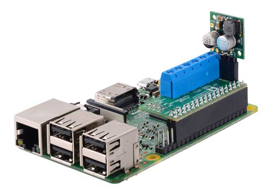D24V22F5 5V 2.5A step-down voltage regulator plugged into a Dual MAX14870 Motor Driver for Raspberry Pi (temporary connection).