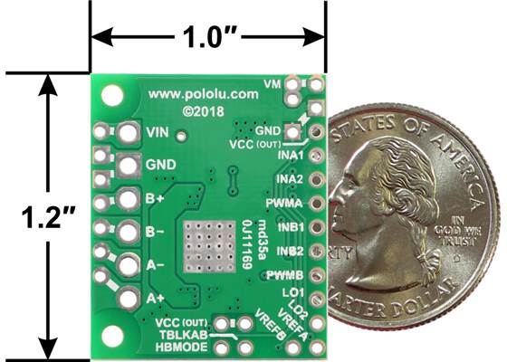 TB67H420FTG Dual/Single Motor Driver Carrier, bottom view with dimensions.