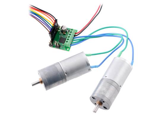 TB67H420FTG Dual/Single Motor Driver Carrier driving two motors in dual-channel mode.