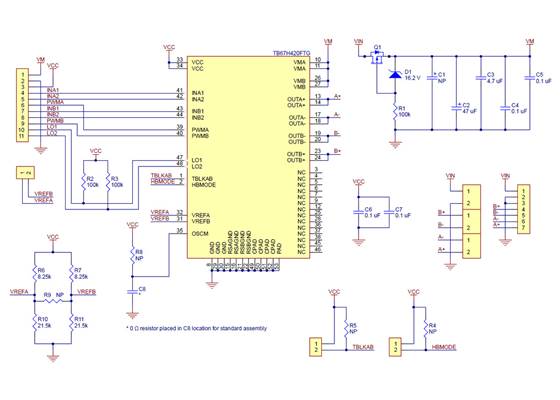 Schematic diagram of the TB67H420FTG Dual/Single Motor Driver Carrier.