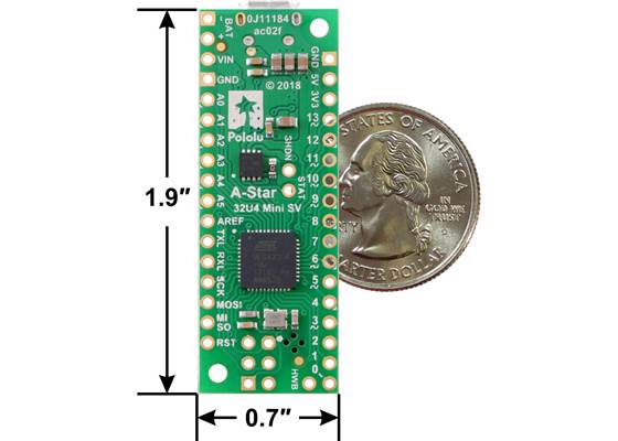A-Star 32U4 Mini SV, bottom view with dimensions.