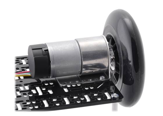 A 37D&nbsp;mm gearmotor connected to a 100&nbsp;mm scooter/skate wheel using a 6&nbsp;mm scooter wheel adapter. (1)