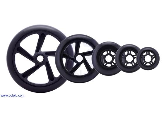 Black scooter/skate wheels with 200&nbsp;mm, 144&nbsp;mm, 100&nbsp;mm, 84&nbsp;mm, and 70&nbsp;mm diameters.