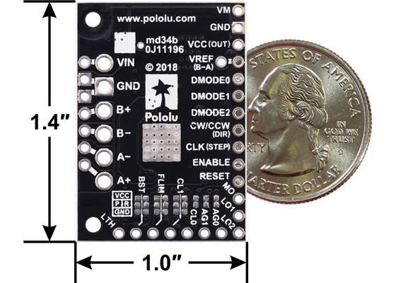 TB67S2x9FTG Stepper Motor Driver Carrier, bottom view with dimensions.