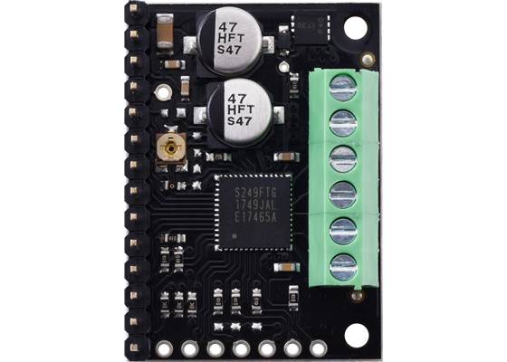 TB67S2x9FTG Stepper Motor Driver Carrier with included headers and terminal blocks soldered (top view).