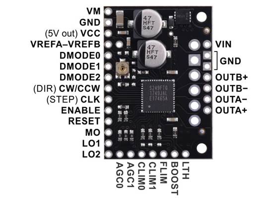 TB67S2x9FTG Stepper Motor Driver Carrier, top view with labeled pinout.