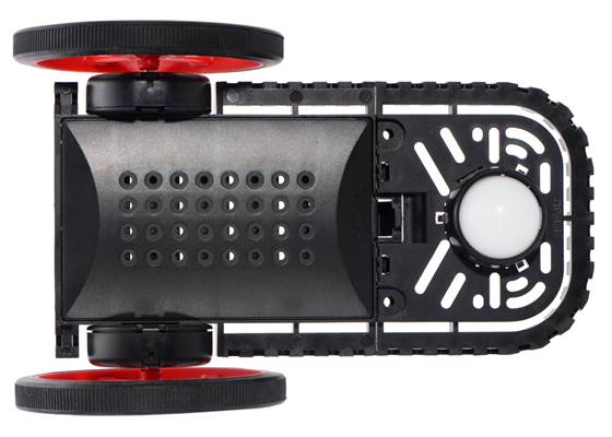 Bottom view of the Balboa Chassis with Stability Conversion Kit and 80x10mm Pololu Wheels.