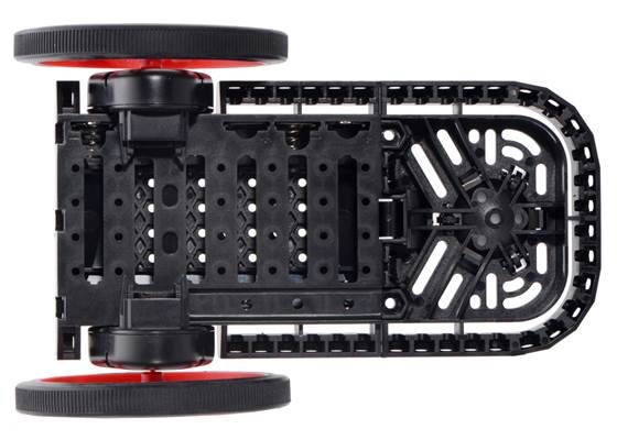 Top view of the Balboa Chassis with Stability Conversion Kit and 80x10mm Pololu Wheels.