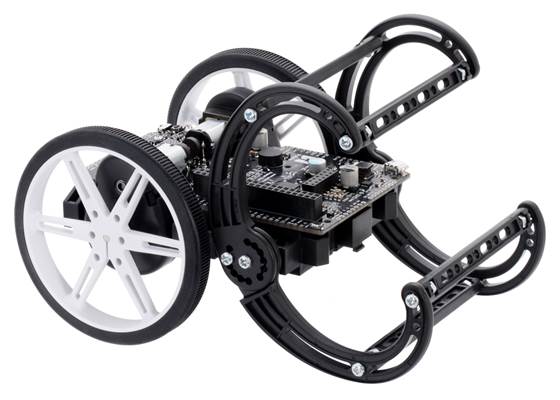 The Balboa 32U4 can drive around on its side while resting on the bumper cage skids.