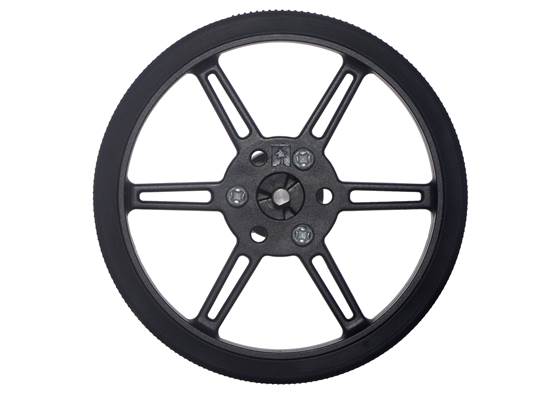 Black 80x10mm Pololu Multi-Hub Wheel installed on a 4mm&nbsp;D-shaft.