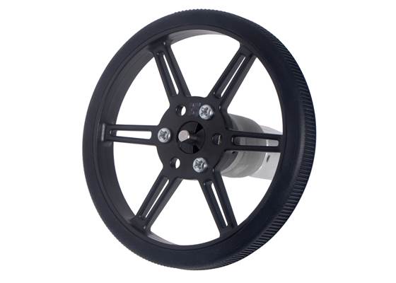 80x10mm Pololu Multi-Hub Wheel installed on the 4mm&nbsp;D-shaft of a 20D metal gearmotor.