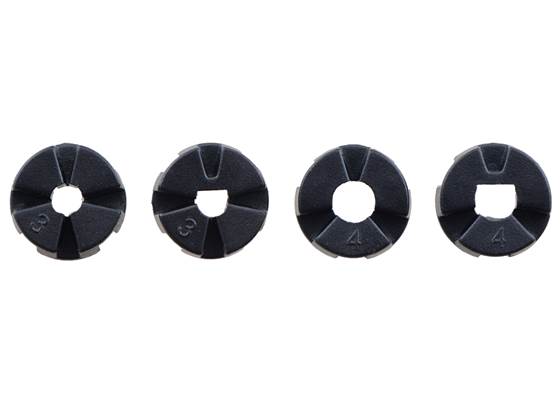 Pololu Multi-Hub Wheel collet inserts: 3mm&nbsp;round, 3mm&nbsp;D, 4mm&nbsp;round, and 4mm&nbsp;D.