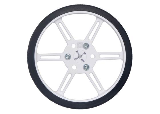 White 80x10mm Pololu Multi-Hub Wheel installed on a 3mm&nbsp;D-shaft.