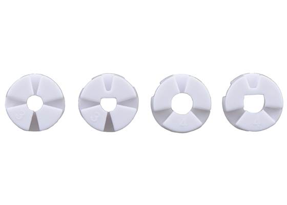 Pololu Multi-Hub Wheel collet inserts: 3mm&nbsp;round, 3mm&nbsp;D, 4mm&nbsp;round, and 4mm&nbsp;D.