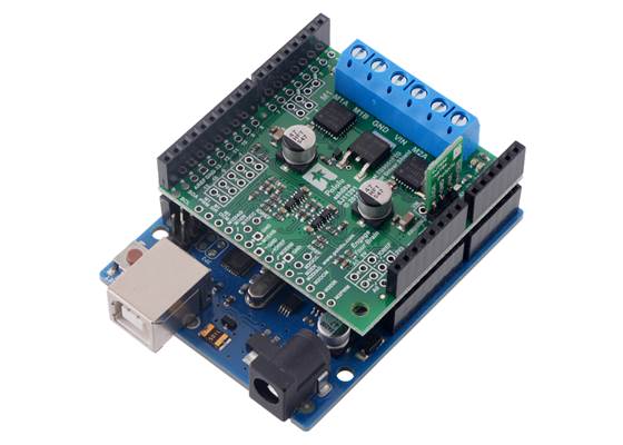 Dual TB9051FTG Motor Driver Shield on an Arduino Uno (with a regulator added to power the Arduino from the shield&#8217;s VIN).