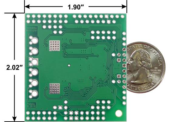 Dual TB9051FTG Motor Driver Shield for Arduino, bottom view with dimensions.