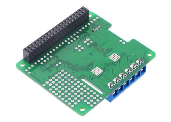 Dual TB9051FTG Motor Driver for Raspberry Pi with 2x20 female header and terminal blocks soldered (bottom view).