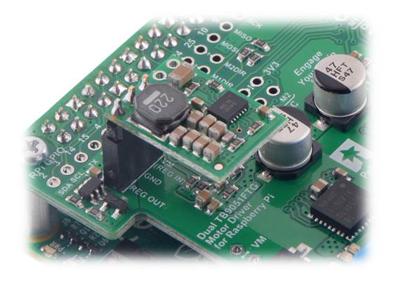 D24V10F5 5V 1A step-down voltage regulator plugged into a Dual TB9051FTG Motor Driver for Raspberry Pi (temporary connection).