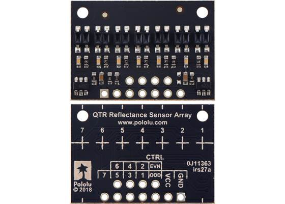 QTR-HD-07RC Reflectance Sensor Array, front and back views.
