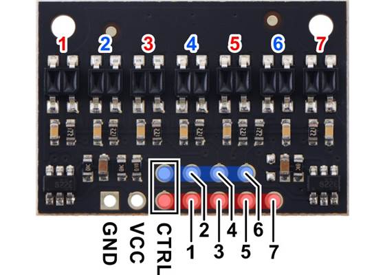 Pinout diagram of the QTR-HD-07RC Reflectance Sensor Array.