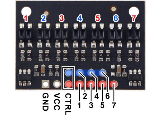 Pinout diagram of the QTR-HD-07A Reflectance Sensor Array.
