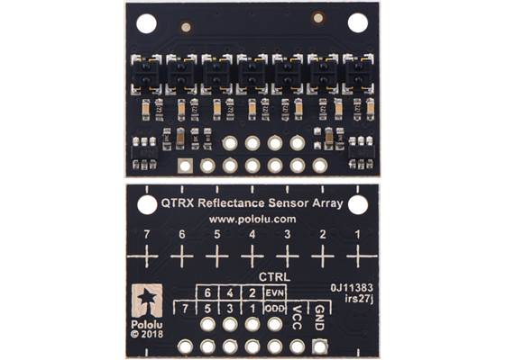 QTRX-HD-07RC Reflectance Sensor Array, front and back views.