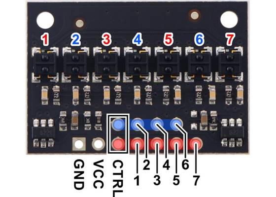 Pinout diagram of the QTRX-HD-07RC Reflectance Sensor Array.