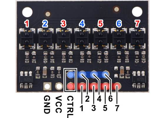 Pinout diagram of the QTRX-HD-07A Reflectance Sensor Array.