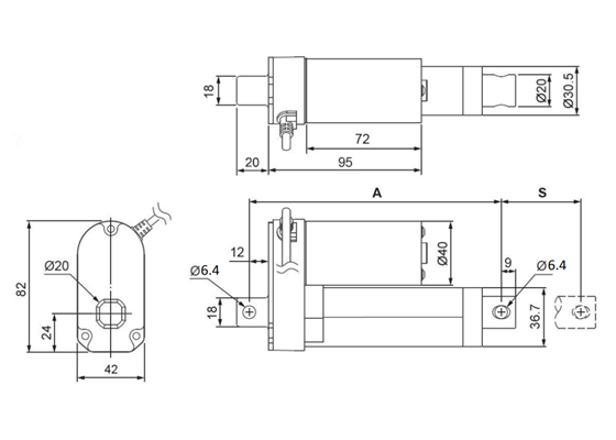 Dimensions of Glideforce LD linear actuators without feedback.  Units are mm.