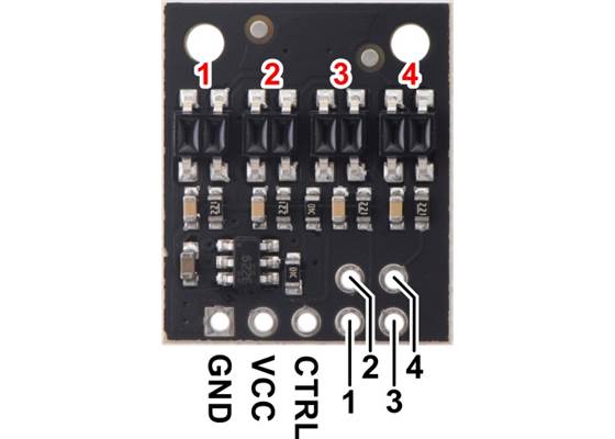 Pinout diagram of the QTR-HD-04RC Reflectance Sensor Array.